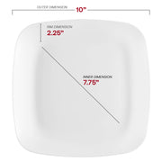 10-inch white disposable plastic dinner plates with a rounded square shape, perfect for casual or formal dining