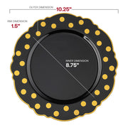 10.25-inch black plastic dinner plates with a luxurious gold blossom dot design