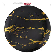10.25-inch black plastic dinner plates with a luxurious gold marble stroke design