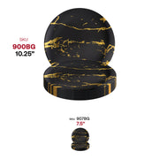 10.25-inch black round dinner plates with a stylish gold marble stroke design, made of durable plastic, disposable