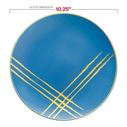 10.25-inch blue disposable dinner plates with a modern gold brushstroke accent