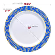 10.25-inch dinner plate featuring a white center, blue rim with gold spiral accents