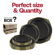 10.25-inch dinner plates from the Black with Gold Fancy Round Set blend luxurious style with premium disposable function