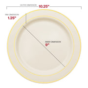 10.25-inch ivory dinner plates with decorative gold rim, durable plastic