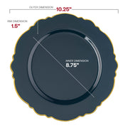 10.25-inch navy blue round dinner plates with a decorative gold rim and blossom edge