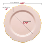 10.25-inch pink plastic dinner plates with a gold rim and floral blossom details