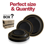 10.25-inch round dinner plate in black with a gold edge rim, ideal for serving your main dishes in style