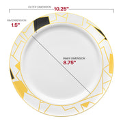 10.25-inch round disposable dinner plates, white with black and gold abstract squares design