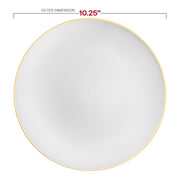 10.25-inch white organic dinner plates made of plastic, with a stylish gold rim