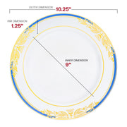10.25-inch white plastic dinner plates with decorative blue and gold harmony rim