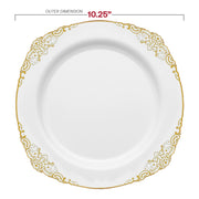 10.25-inch white plastic dinner plates with intricate gold accents, perfect for weddings or upscale events
