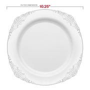 10.25-inch white plastic dinner plates with intricate silver accents, perfect for weddings or upscale events
