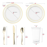 10.25" clear dinner plate, 7.5" salad plate combo served with 12 oz clear tumbler and gold cutlery set