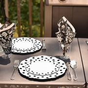 10.25" dotted plates were chosen to present meals at a trendy party with bold patterns.