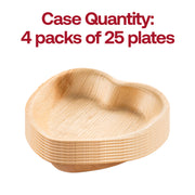100-pack of heart-shaped disposable salad plates, 6 inches wide, made from sustainable palm leaf for environmentally friendly dining
