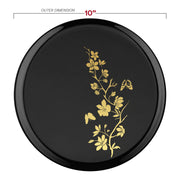 10" BPA-free dinner plate with glossy black surface and gold design ready for banquet setup