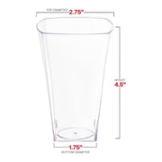 10 oz clear square plastic cups, measuring 2.75” x 4.5” x 1.75”, perfect for convenient beverage service