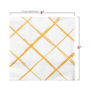 10" x 10" unfolded white and gold diamond cocktail napkins, soft, absorbent, and designed for stylish drink settings