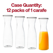 12-pack of clear plastic wine carafes with lids, 35 oz capacity, ideal for serving and storing wine, juice, or cocktails at events