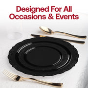 120-count black plastic appetizer plates with a stylish vintage-style rim, 7.5-inch diameter, perfect for formal gatherings