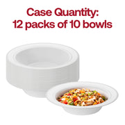 120-pack of 12 oz. white plastic bowls featuring a silver edge rim, perfect for soups, salads, or dessert servings