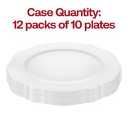 120-pack of white disposable plastic dinner plates, featuring a silver rim and delicate blossom design