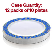 120-pack of white plastic salad and appetizer plates featuring a decorative gold spiral on a blue rim