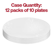 120-pack of white round plastic dinner plates featuring a detailed silver antique floral design