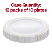 120-pack of white round plastic dinner plates with a classy gold vintage rim