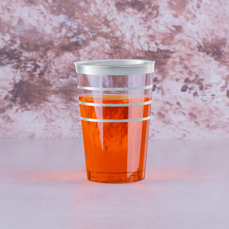 240 Cups, 12 oz. Clear with Silver Stripes Round Disposable Plastic Tumblers