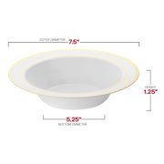 12 oz. white plastic soup bowls with a decorative gold rim, sold in a 120-pack, disposable and convenient for gatherings