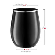 12 oz black with silver elegant stemless plastic wine glasses, measuring 2.5 inches wide, 3.75 inches tall, and 1.75 inches at the base
