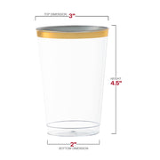 12 oz clear plastic tumblers with a metallic gold rim, measuring 3" x 4.5" x 2"; pack of 240