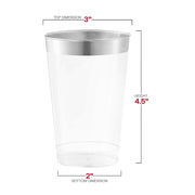 12 oz clear plastic tumblers with a metallic silver rim, measuring 3" x 4.5" x 2"; pack of 240