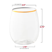12 oz clear plastic wine glasses with gold detailing, a stemless shape, and precise dimensions of 2.5” x 3.75” x 1.75”
