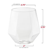 12 oz clear plastic wine goblets with a hexagonal shape, stemless design, and precise dimensions of 2.75” x 3.75” x 2”