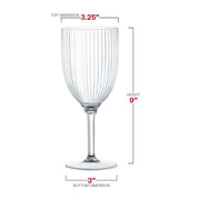 12 oz clear stripe round disposable plastic wine flutes, measuring 3.25 inches wide, 9 inches tall, and 3 inches at the base