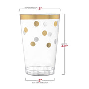 12 oz round plastic tumblers with gold dots, measuring 3 inches wide by 4.5 inches tall with a 2-inch base