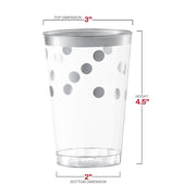 12 oz round plastic tumblers with silver dots, measuring 3 inches wide by 4.5 inches tall with a 2-inch base