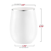 12 oz white plastic stemless wine glasses with silver accents, perfect for formal events, weddings, and festive gatherings