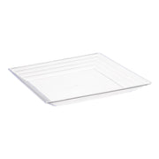 12x12 inch clear square plastic serving tray with a groove rim, perfect for stylish and functional food presentation