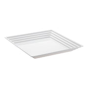 12x12 inch white square plastic serving tray with groove rim, perfect for stylish and secure food presentation at events