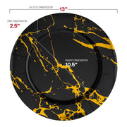 13-inch round disposable charger plates featuring a black base with gold marble accents