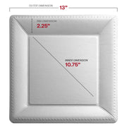 13-inch silver paper charger plates with square edges and decorative beaded accents
