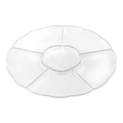 14-inch clear round disposable plastic tray with 6 partitions, ideal for neatly serving assorted foods