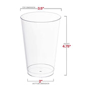 14 oz crystal clear plastic disposable cups with dimensions of 3.5” x 4.75” x 2”, perfect for serving cocktails, soda, or juice