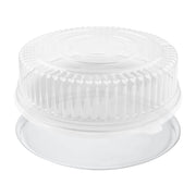 16" clear round plastic trays with snap-on lids keep appetizers, desserts, and party snacks covered, organized, and ready to serve