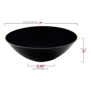 16 oz black disposable soup bowls with gold rim, round design, sold in a 120-count pack for events or parties