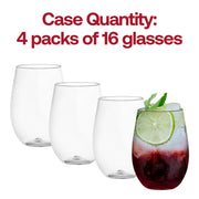 16 oz clear stemless disposable wine glasses, measuring 2.75'' x 3.75'' x 2.75'', perfect for stylish entertaining