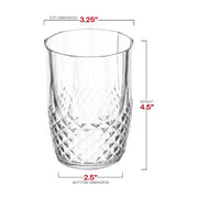 16 oz clear stripe round disposable plastic tumblers, measuring 3.25 inches wide, 4.5 inches tall, and 2.5 inches at the base
